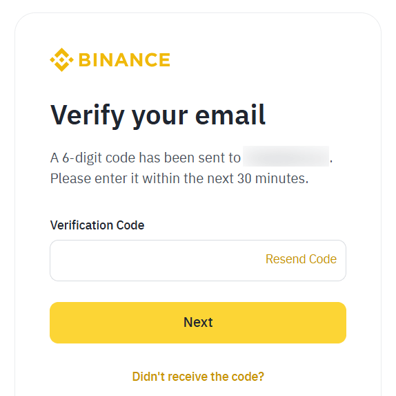 Screenshot of Binance's "Verify your email" page, prompting the user to enter a 6-digit verification code sent to their email, with options to resend the code and a yellow "Next" button.