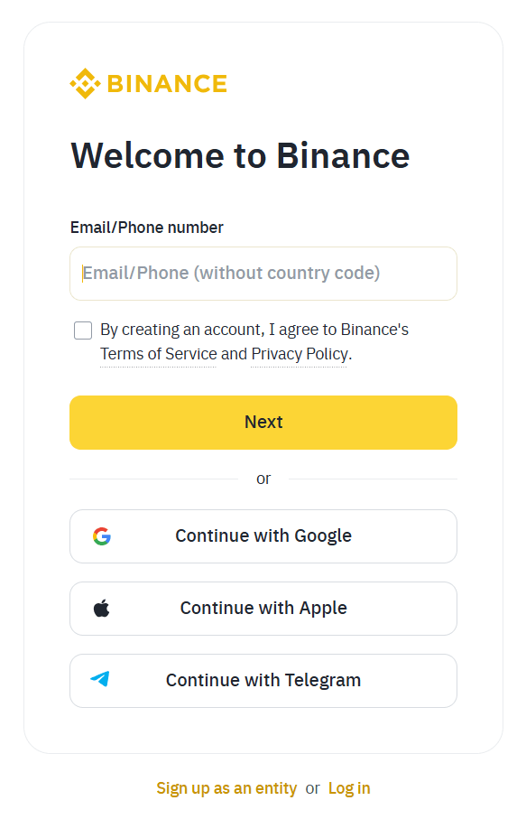 Binance sign-up page showing fields for email or phone, a Next button, options to continue with Google, Apple, or Telegram, and links for Terms of Service, Privacy Policy, entity signup, and login.