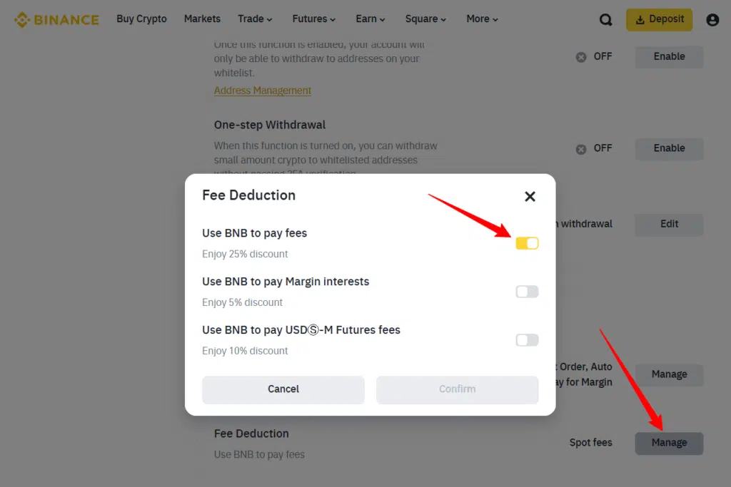 A Binance settings pop-up shows "Fee Deduction" options, including toggles to use BNB for paying fees at a 25% discount. Two red arrows point to a toggle switch and a "Manage" button for spot fees.