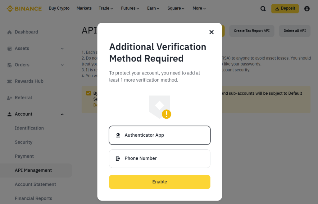 A Binance popup message titled "Additional Verification Method Required" prompts the user to add either an Authenticator App or Phone Number as verification options, with an "Enable" button at the bottom.