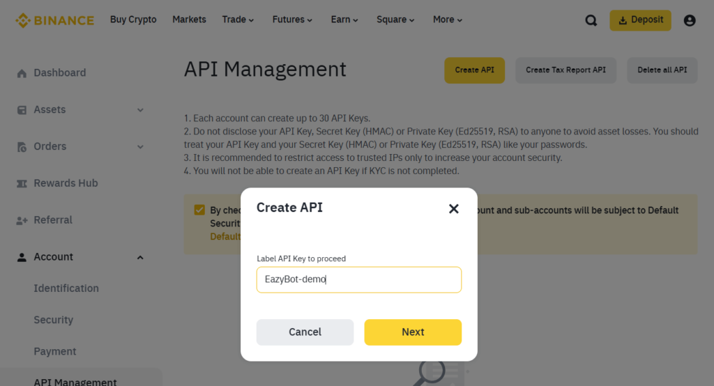 A Binance dashboard shows the "Create API" popup. The user is entering "EasyBot-demo" as the API label. The "Next" button is highlighted, and navigation options are visible on the left side.