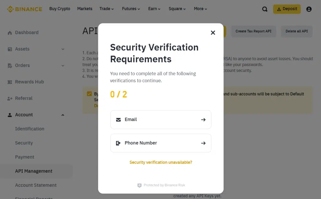 A Binance security verification pop-up displays "0/2" completed steps, requiring both Email and Phone Number verification. The background shows the Account section with a navigation menu on the left.