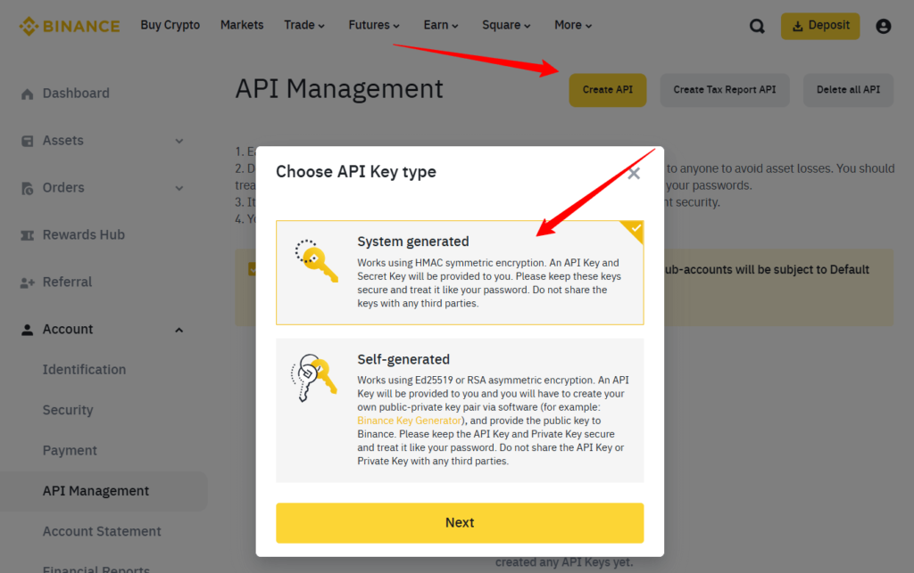 A Binance API Management page shows a popup to choose API key type, highlighting "System generated" with a description. A red arrow points to the "Create API" button at the top-right.