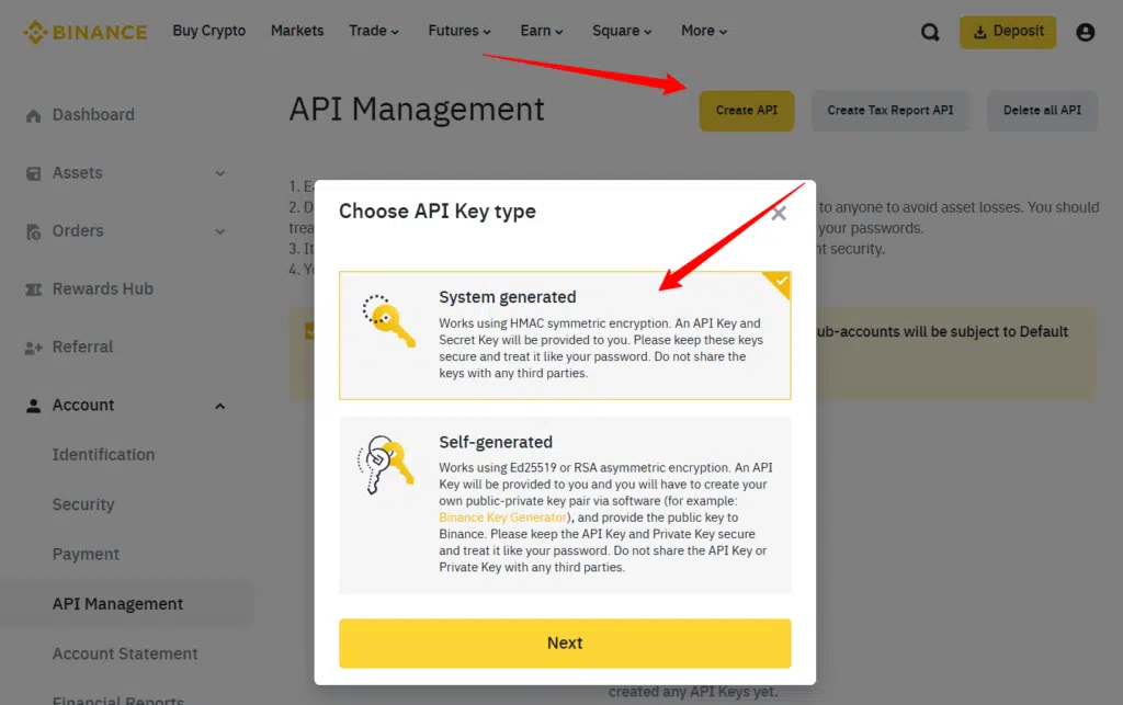 A Binance API Management page shows a popup to choose API key type, highlighting "System generated" with a description. A red arrow points to the "Create API" button at the top-right.