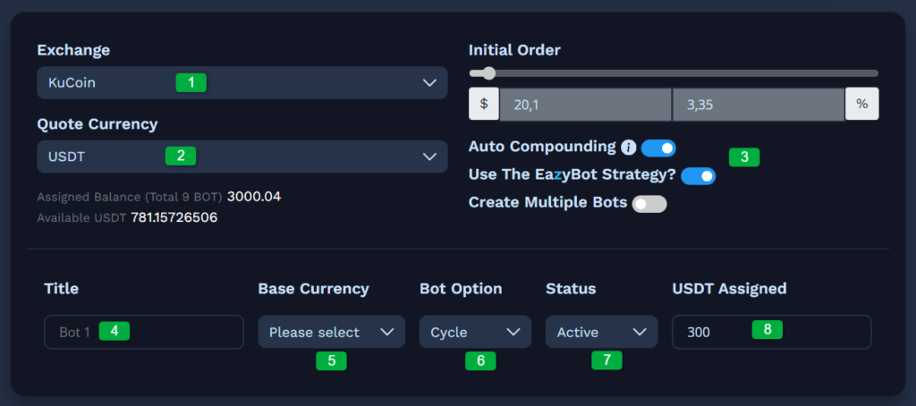 Bot-Konfigurationsschnittstelle für die KuCoin-Börse mit Optionen für anfängliche Auftragseinstellungen, automatische Kapitalisierung, Implementierung von EazyBot-Strategien und Erstellung mehrerer Bots. Enthält Felder für Titel, Basiswährung, Bot-Optionen, Status und zugewiesenen USDT-Betrag. 