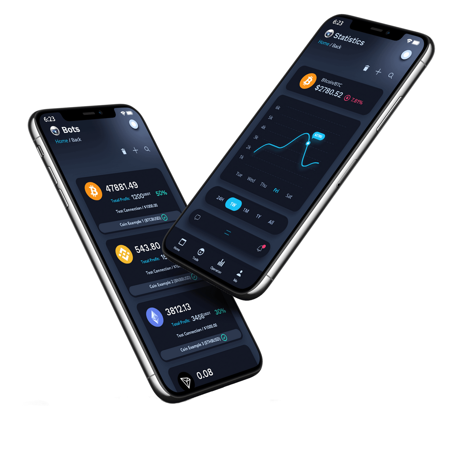 Zwei Smartphones zeigen die Oberfläche einer Kryptowährungs-Handels-App in dunklem Design an, auf der Bot-Wallets mit Guthaben, Leistungskennzahlen, Handelsstatistiken und einem Diagramm angezeigt werden.