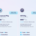 Obraz przedstawiający cztery pakiety subskrypcji usługi oprogramowania. Obejmują one „Starter Pkg” za 100 USD/rok, „Advanced Pkg” za 250 USD/rok, „VIP Pkg” za 995 USD/rok i „VIP Max Pkg” za 1495 USD/rok. Każdy pakiet oferuje rosnące korzyści i rabaty.