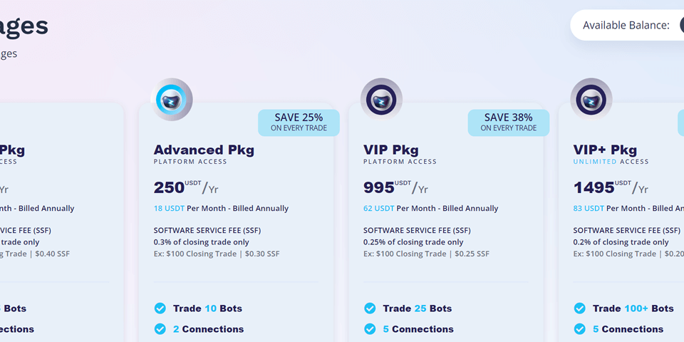 Obraz przedstawiający cztery pakiety subskrypcji usługi oprogramowania. Obejmują one „Starter Pkg” za 100 USD/rok, „Advanced Pkg” za 250 USD/rok, „VIP Pkg” za 995 USD/rok i „VIP Max Pkg” za 1495 USD/rok. Każdy pakiet oferuje rosnące korzyści i rabaty.