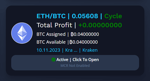 Interfejs handlu kryptowalutami pokazujący ETH/BTC ze stawką 0,05608. Status to „Cycle” z całkowitym zyskiem 0,00000000 BTC. Przypisane i dostępne BTC: 0,04000000. Data: 10.11.2023, platforma: Kraken. Status jest aktywny z monitem „Click to Open”.