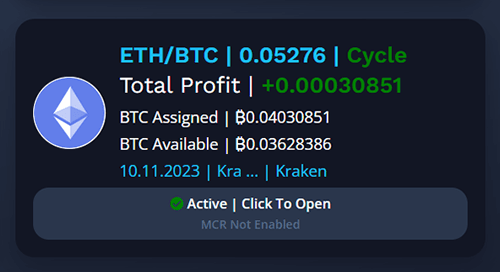 Panel handlu kryptowalutami pokazujący ETH/BTC ze stosunkiem 0,05276. Całkowity zysk wynosi +0,00030851. Przypisane BTC to ฿0,04030851, a dostępne BTC to ฿0,03628386. Panel odnotowuje datę 10.11.2023 i Kraken jako platformę. Status jest aktywny.