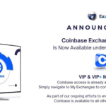 Obraz przedstawiający ogłoszenie EazyBot o tym, że dostęp do giełdy Coinbase jest teraz dostępny w ramach ograniczonej wersji. Lewa strona obrazu wyświetla ekran telewizora z tekstem „Jak rozpocząć handel z Coinbase”. Prawa strona obrazu wyjaśnia szczegóły dla członków VIP i VIP+.