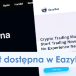Obraz na podzielonym ekranie pokazujący dwie strony internetowe. Lewa strona, z czarnym tłem, zawiera logo Bitget i polski tekst „Handluj na Bitget”. Prawa strona, z białym tłem, zawiera logo EazyBot i angielski tekst „Crypto Trading Made Eazy: Start Trading Now, No Experience Needed”. Na dole baneru widnieje napis „Giełda Bitget dostępna w Eazybot.