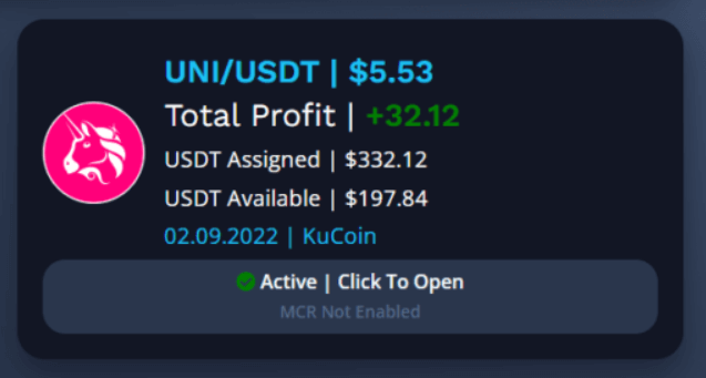 Pulpit wyświetla szczegóły transakcji dla UNI/USDT po $5.53. Całkowity zysk wynosi +32.12, przy czym USDT przypisano po $332.12, a USDT jest dostępne po $197.84. Wyświetlana data to 02.09.2022 na KuCoin. Jest aktywny status z „Kliknij, aby otworzyć” i MCR nie jest włączony.
