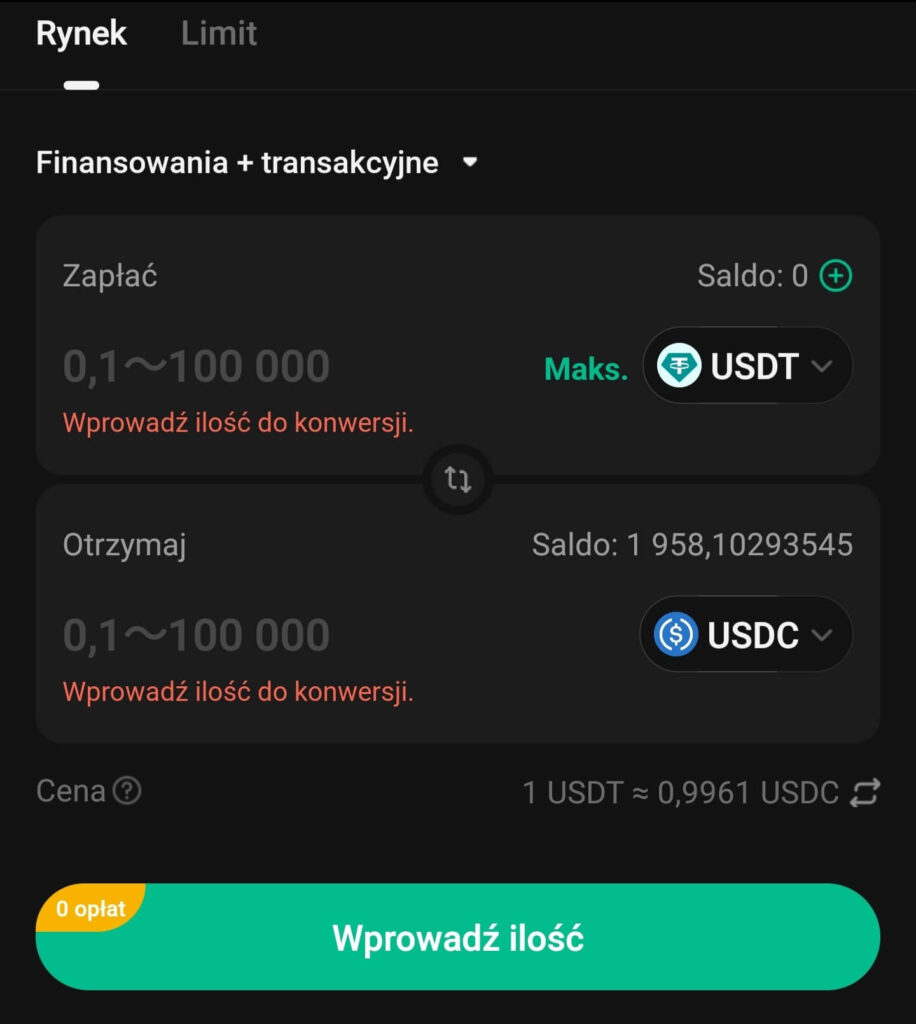 Interfejs wymiany kryptowalut pokazuje konwersję między USDT i USDC. Pola wejściowe i wyjściowe są puste, z wyjątkiem tekstu zastępczego. Zielony przycisk na dole zachęca użytkownika do wprowadzenia kwoty.