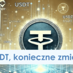Cyfrowa reprezentacja USDT z wykresami i grafikami w tle. Widoczny jest tekst po polsku: „Usunięcie USDT, konieczne zmiany!” (Usunięcie USDT, konieczne zmiany!). Widoczne są symbole kryptowalut.