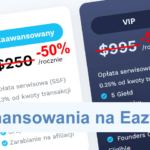 Tabela porównawcza cen pokazuje trzy plany oznaczone jako Starter, Zaawansowany i VIP, każdy oferujący 50% zniżki. Tekst „Do 50% dofinansowania na EazyBot!” jest wyświetlany na dole obrazu.