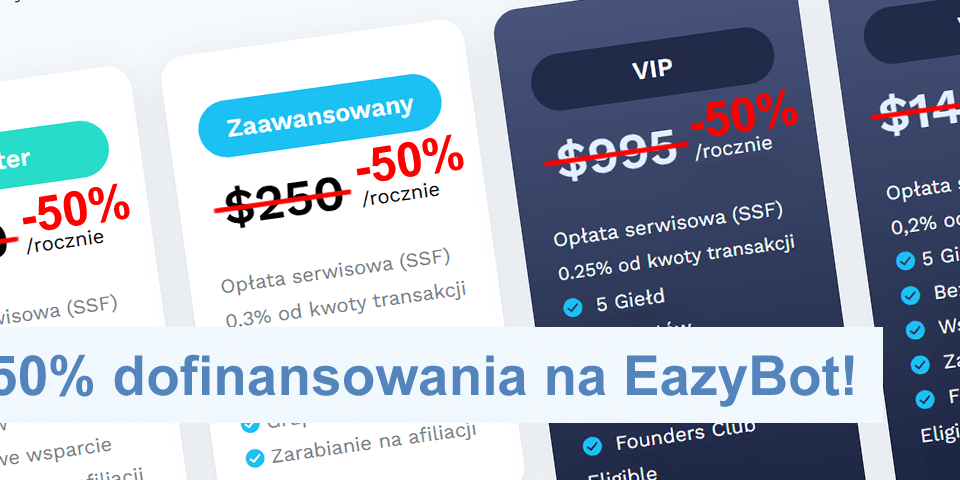 Tabela porównawcza cen pokazuje trzy plany oznaczone jako Starter, Zaawansowany i VIP, każdy oferujący 50% zniżki. Tekst „Do 50% dofinansowania na EazyBot!” jest wyświetlany na dole obrazu.
