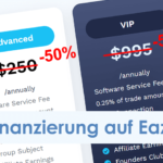 Preistabelle mit Starter-, Advanced-, VIP- und VIP+-Tarifen mit Jahresgebühren und 50 % Rabatt. Der Text am unteren Rand lautet auf Deutsch: "Bis zu 50 % Finanzierung auf EazyBot!.