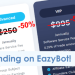 Pricing plans for EazyBot shown with original annual fees ($100, $250, $995, $1495) each marked down by 50%. Banner text reads: "Up to 50% funding on EazyBot!.