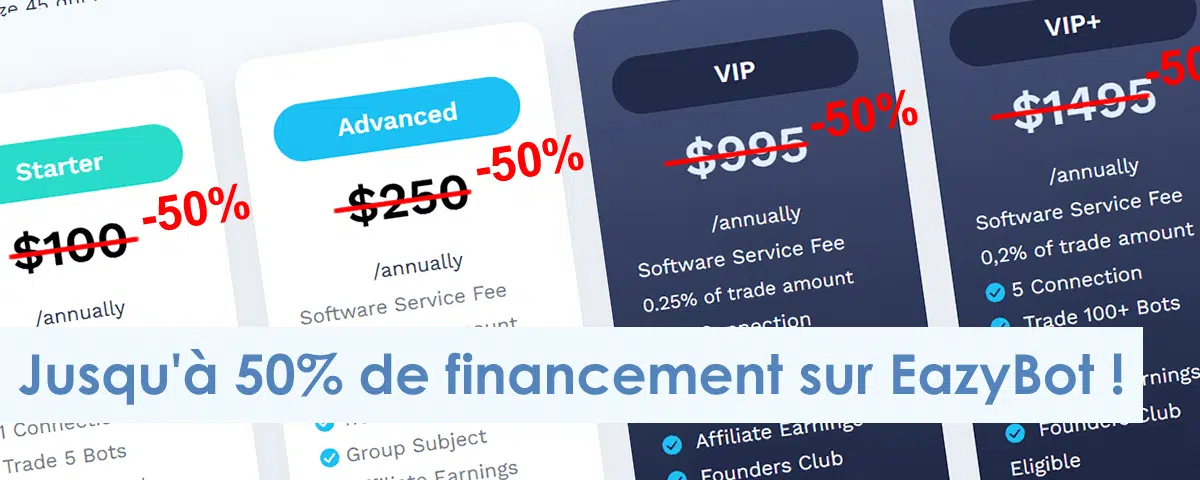 Plans tarifaires pour EazyBot avec les prix annuels originaux barrés et remplacés par une étiquette de réduction rouge en gras "-50%". Le texte français ci-dessous se lit comme suit : "Jusqu'à 50% de financement sur EazyBot !.