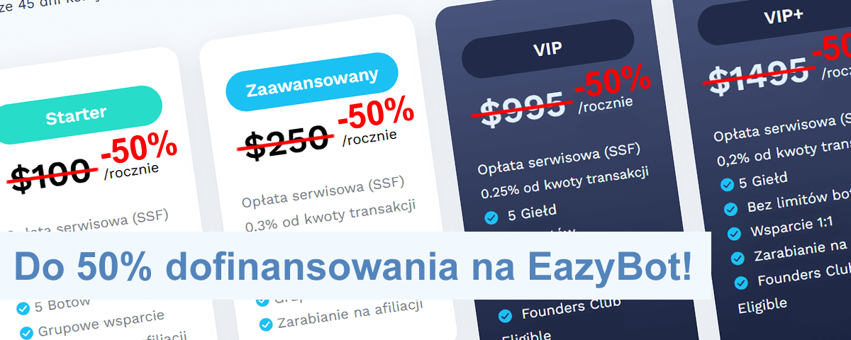 Tabela porównawcza cen pokazuje trzy plany oznaczone jako Starter, Zaawansowany i VIP, każdy oferujący 50% zniżki. Tekst „Do 50% dofinansowania na EazyBot!” jest wyświetlany na dole obrazu.