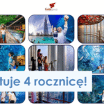 Kolaż ludzi korzystających z różnych atrakcji o tematyce wodnej, takich jak akwaria i podwodne tunele, z polskim tekstem "EazyBot świętuje 4 rocznicę!" na dole.
