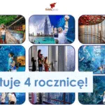 Kolaż ludzi korzystających z różnych atrakcji o tematyce wodnej, takich jak akwaria i podwodne tunele, z polskim tekstem "EazyBot świętuje 4 rocznicę!" na dole.