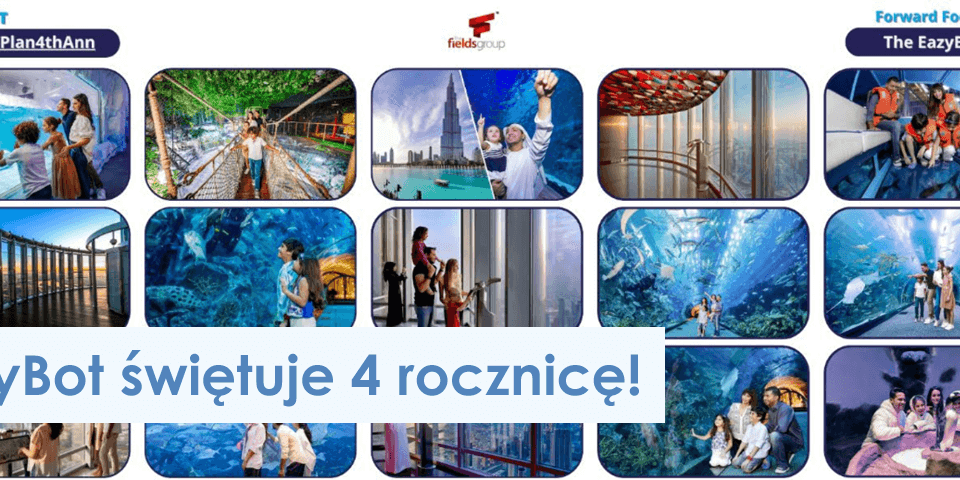 Kolaż ludzi korzystających z różnych atrakcji o tematyce wodnej, takich jak akwaria i podwodne tunele, z polskim tekstem "EazyBot świętuje 4 rocznicę!" na dole.